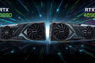 NVIDIA RTX 5090 vs RTX 4090 graphics card comparison showing performance upgrade and design differences.